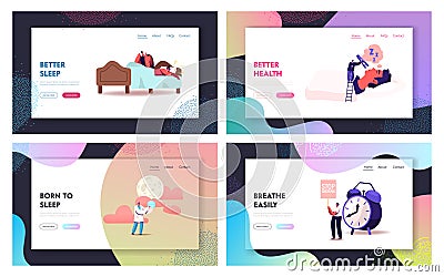 Snore Landing Page Template Set. Tiny Characters Sleeping in Bed and Suffering of Snoring, Angry Awake Man Vector Illustration