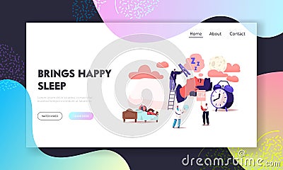 Snore Landing Page Template. Tiny Characters Sleeping in Bed and Suffering of Snoring, Angry Awake Man Vector Illustration