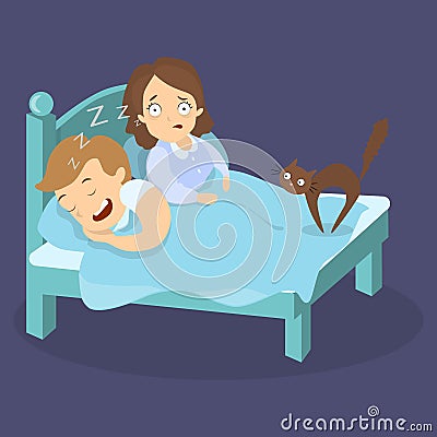 Snoring husband in bed. Vector Illustration