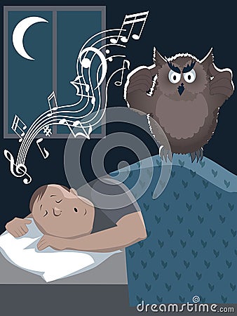 Snoring man and annoyed owl Vector Illustration