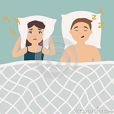 Snoring man in bed with angry awaken woman. Sleeping problems. Unhealthy lifestyle. Vector Illustration