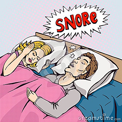 Snoring man in bed with the woman covering ears with the pillow from snore noise, pop art retro comics vector illustration Vector Illustration