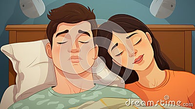 Snoring man. Couple in bed, men snoring and women can not sleep, covering ears with pillow for snore noise. Young interracial Stock Photo