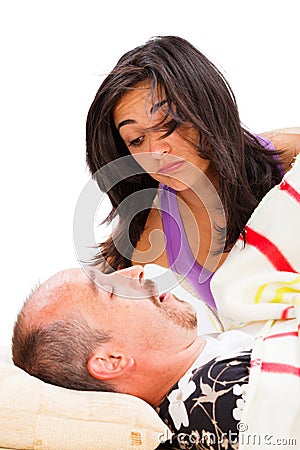 Snoring Man and Disturbed Wife Stock Photo