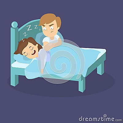 Snoring wife in bed. Vector Illustration