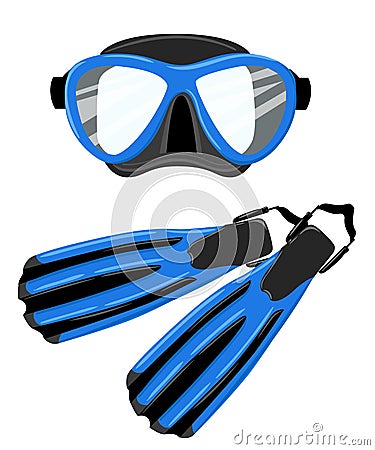 Snorkel, flippers isolated on white background. Blue diving mask, snorkel and pair of grey flippers. Fins, scuba mask and tube. Di Stock Photo