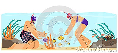 Snorkeling activity, vector couple in diving mask swimming in sea observing fauna of coral reef, marine adventures Cartoon Illustration