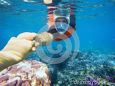 Snorkeling couple holding hands in blue ocean near coral reef Stock Photo