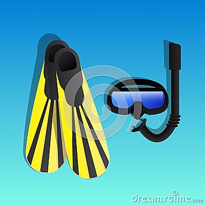 Snorkeling equipment. Diving mask, snorkel and flippers vector. Cartoon Illustration