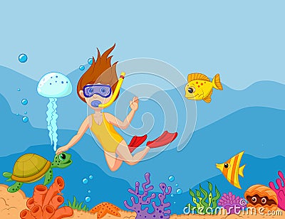 Snorkeling girl cartoon Vector Illustration