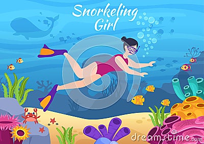 Snorkeling Girl with Underwater Swimming Exploring Sea, Coral Reef or Fish in the Ocean in Flat Cartoon Vector Illustration Vector Illustration