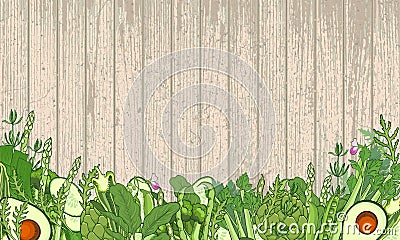 Green vegetables and verdure background - wooden texture Vector Illustration