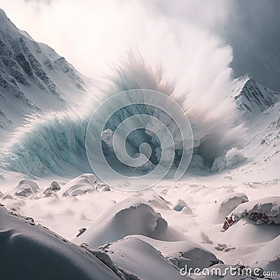Snow avalanche in the mountains, close-up, a lot of snow, Stock Photo