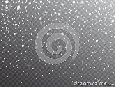 Snow background. Realistic falling snow. Christmas background with snow on transparent background. Frost storm, snowfall Vector Illustration