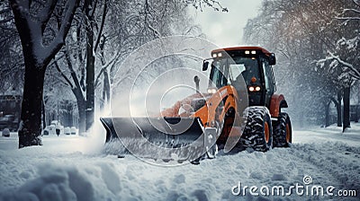 Snow blower powered by gasoline in action. Man outdoor in front of house using snowblower machine. Stock Photo