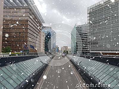 Snow and building with flag in Brussels, the capital of Belgium Editorial Stock Photo