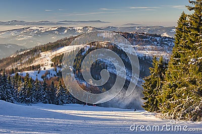 Snow cannons making artifical snow on Laliky slope on Velka Raca - Oscadnica ski resort Stock Photo