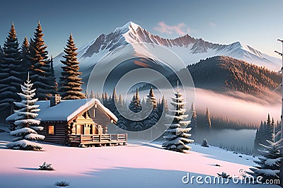 Snow-Capped Mountain Range, Crisp Winter Dawn, Blinding Reflection on Untouched Snow, Scattered Evergreens Stock Photo