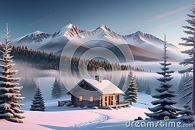 Snow-Capped Mountain Range, Crisp Winter Dawn, Blinding Reflection on Untouched Snow, Scattered Evergreens Stock Photo