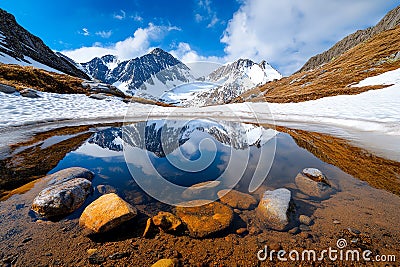 Snow-capped mountains reflect in a serene alpine lake, surrounded by a rocky landscape under a vibrant blue sky with scattered Stock Photo
