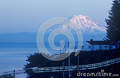 Snow-capped Mt. Rainier, from Seattle, WA Stock Photo