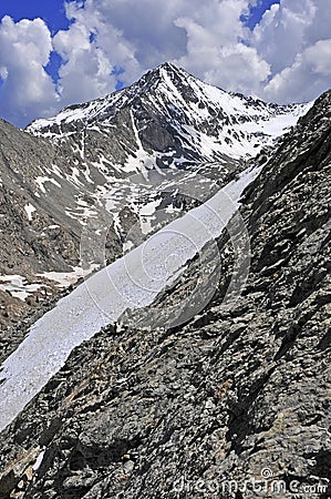 Snow Capped peaks and rock in the Sangre de Cristo Range, Colorado Stock Photo