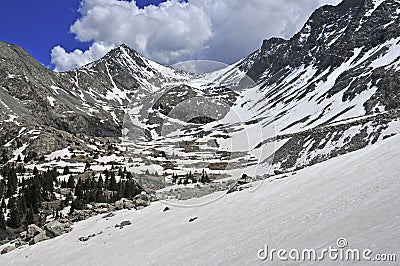 Snow Capped peaks and rock in the Sangre de Cristo Range, Colorado Stock Photo