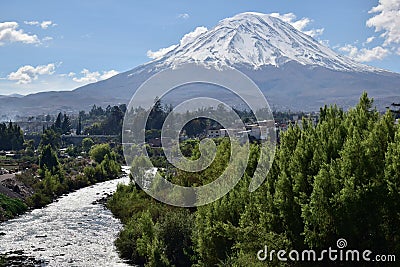 Snow Capped Volcano Misti in Arequipa Stock Photo