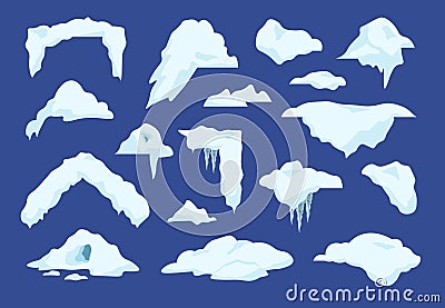 Snow caps. Cartoon winter decoration elements with snowballs and icicles, frozen clouds and snow piles. Vector Christmas Vector Illustration