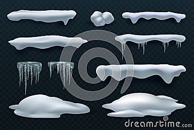 Snow caps and icicles. Snowball and snowdrift vector winter decorations isolated Vector Illustration