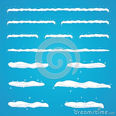 Snow caps set on site menu bar and buttons. Snowflakes and icicles. New year decoration kit for website Vector Illustration