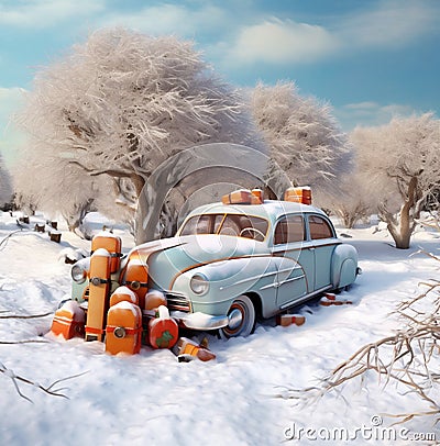 retro car festive holiday gift snow winter christmas candy merry. Generative AI. Stock Photo