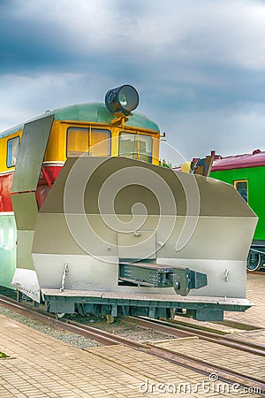 Snow cleaning locomotive, special train for snow removal. Stock Photo