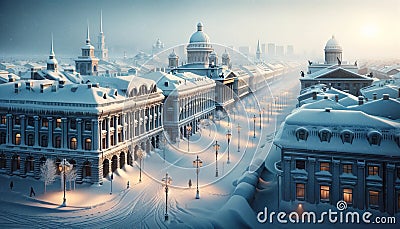 Snow-Cloaked Heritage: AI-Generated Historic Cityscape Blanketed in Winter's Embrace Stock Photo