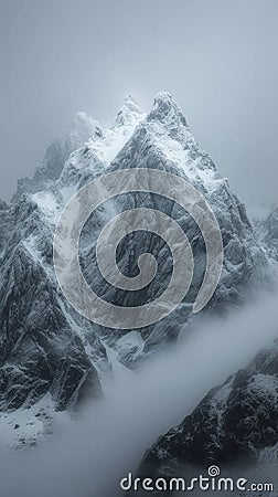 Snow cloaked mountain stands tall beneath a moody, overcast sky Stock Photo