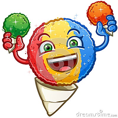 A delicious rainbow snow cone cartoon character holding lime and orange snowcones Stock Photo