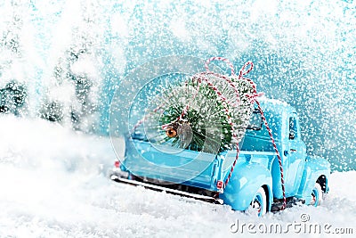 Snow countryside with christmas tree truck Stock Photo