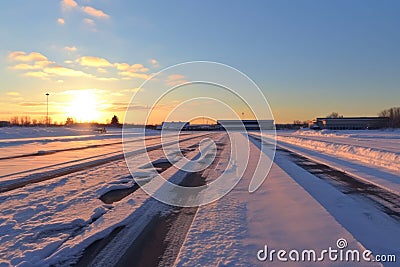 snow-covered airport runway in winter Stock Photo