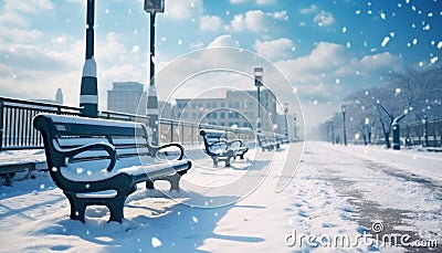 Snow covered bench in tranquil winter landscape generated by AI Stock Photo