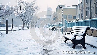 Snow covered bench in tranquil winter landscape generated by AI Stock Photo