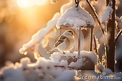 Snow covered birdhouse on sunny winter day. Bird feeder hanging from a tree. Wooden bird house with small bird sitting in it Stock Photo