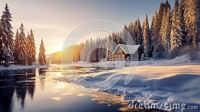 Snow-covered cabin at sunrise by a frozen lake in a pine forest Stock Photo