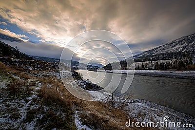 Snow covered canyon along Fraser River Stock Photo