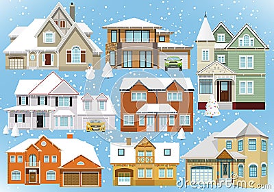 Snow covered city houses (Christmas) Vector Illustration