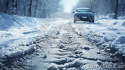 Snow-covered country road through the fields after a blizzard at sunset. Old rustic house in the background. Winter Stock Photo