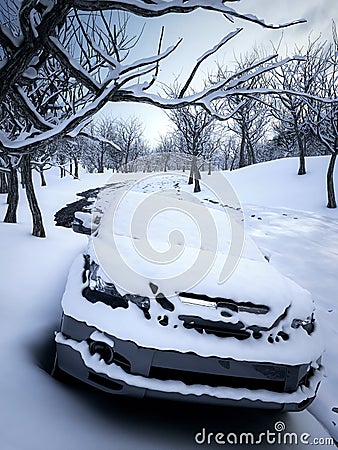 Car in winter snow parked in forest Stock Photo