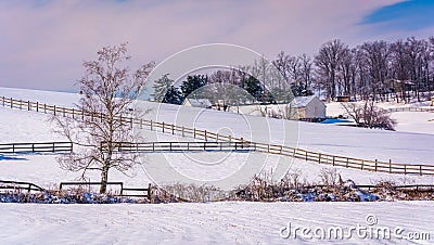 Snow covered farm fields in rural Carroll County, Maryland. Stock Photo