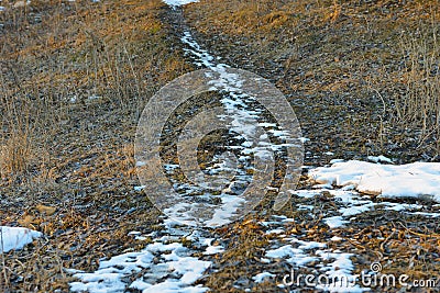 Snow-covered footpath through a field on a cold spring day Stock Photo