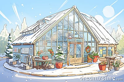 snow-covered a-frame metallic greenhouse in a nursey, magazine style illustration Cartoon Illustration