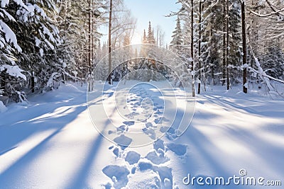snow covered hiking trails with visible shoeprints Stock Photo
